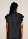 ROSANI The Converis shirt in charcoal - charcoal denim sleeveless shirt with metal flower embroidery, back view