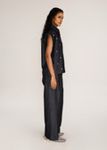 ROSANI The Converis shirt in charcoal - charcoal denim sleeveless shirt with metal flower embroidery, side view