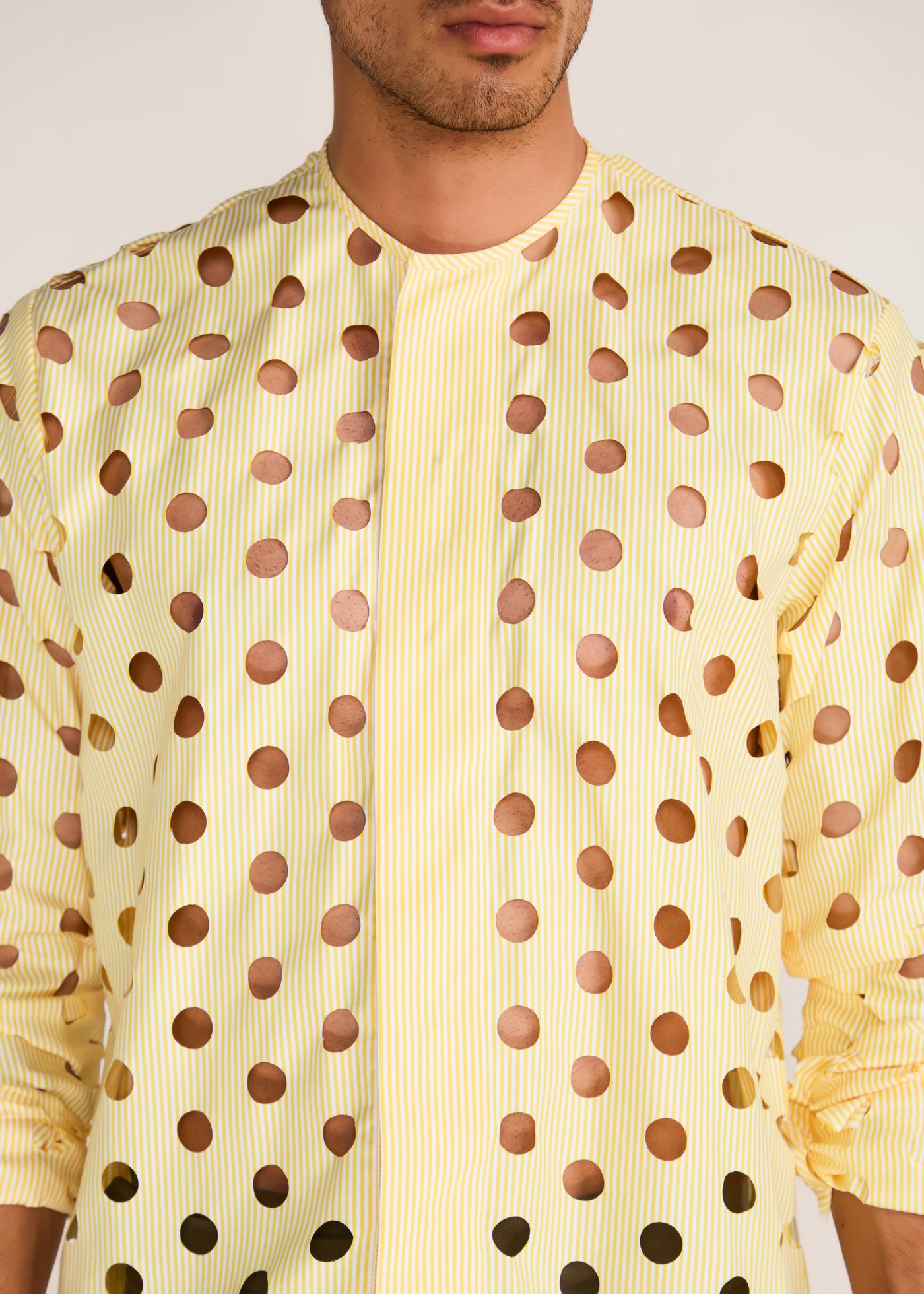 ROSANI The Covera shirt in pale lemon stripes - pale lemon laser-cut pinstriped shirt, craft detail