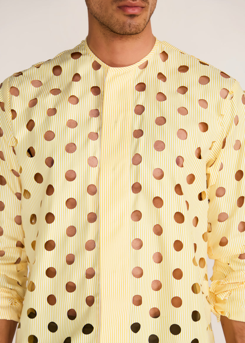 ROSANI The Covera shirt in pale lemon stripes - pale lemon laser-cut pinstriped shirt, craft detail