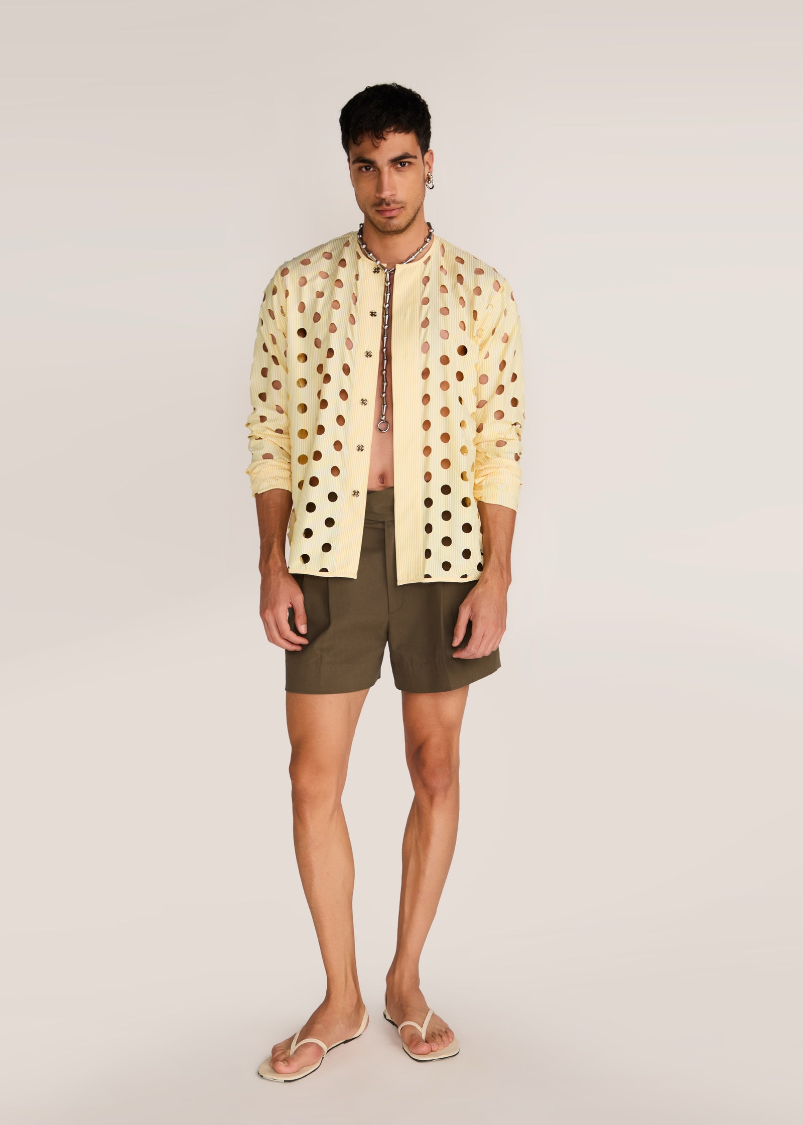 ROSANI The Covera shirt in pale lemon stripes - pale lemon laser-cut pinstriped shirt, front view