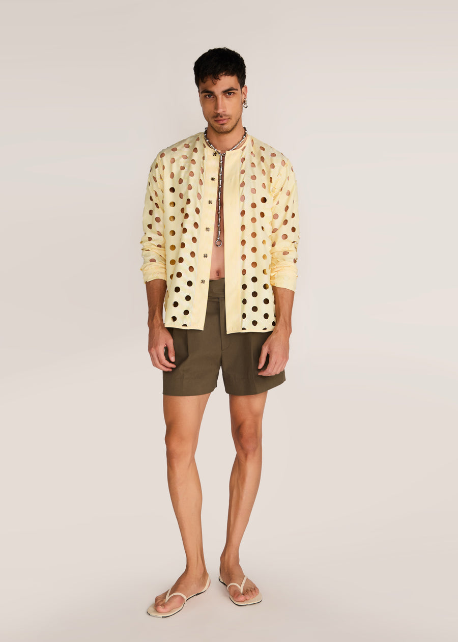 ROSANI The Covera shirt in pale lemon stripes - pale lemon laser-cut pinstriped shirt, front view