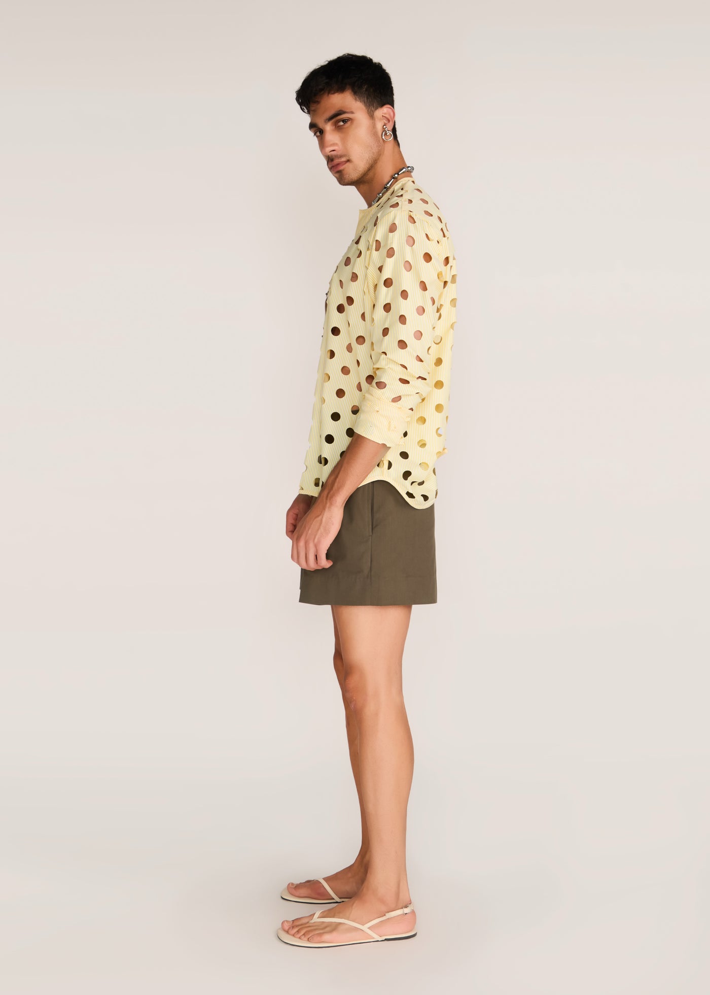 ROSANI The Covera shirt in pale lemon stripes - pale lemon laser-cut pinstriped shirt, side view
