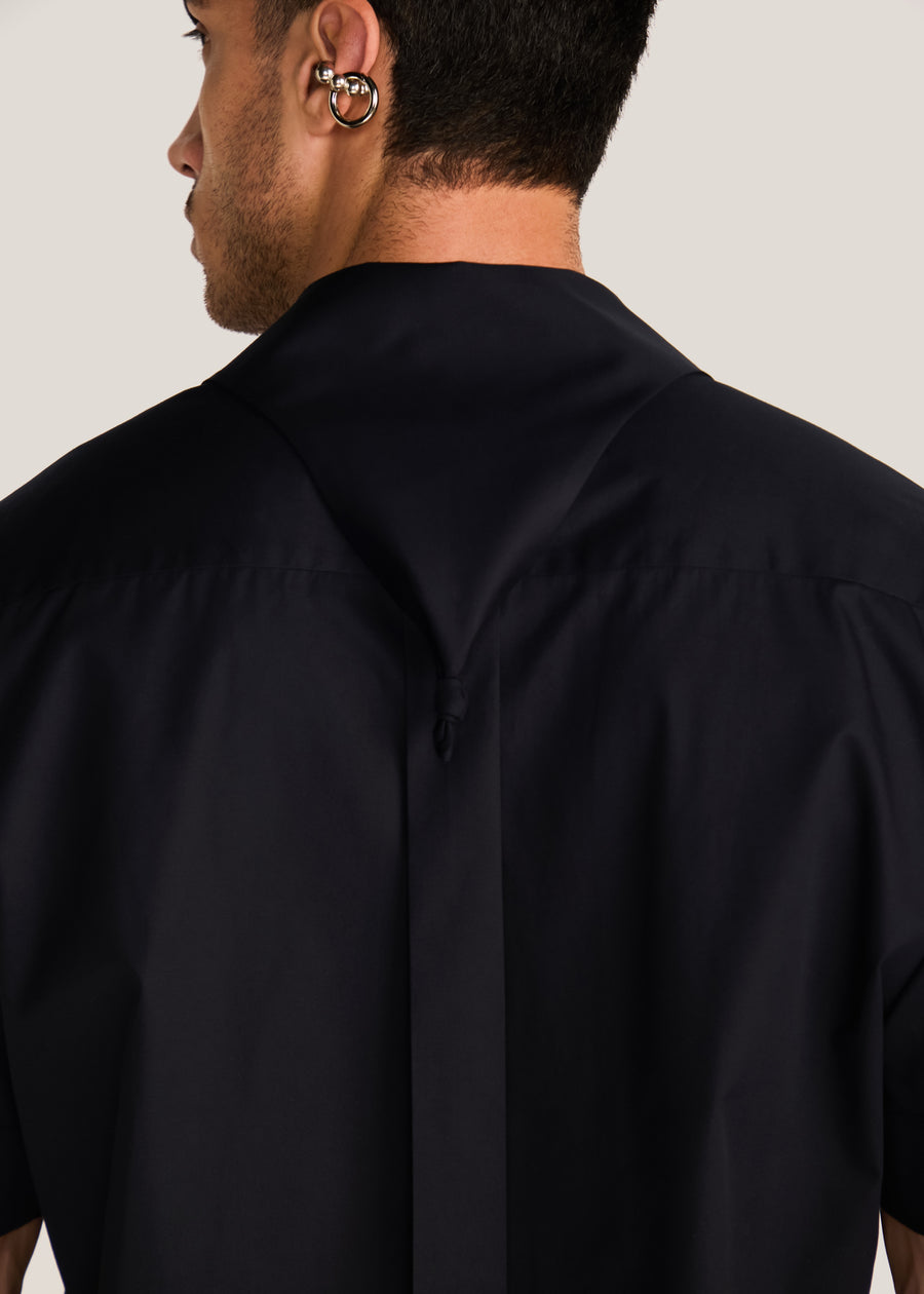 ROSANI The Covra shirt in black - black poplin bandana-collar knot-back half-sleeve shirt, craft detail, alternate angle