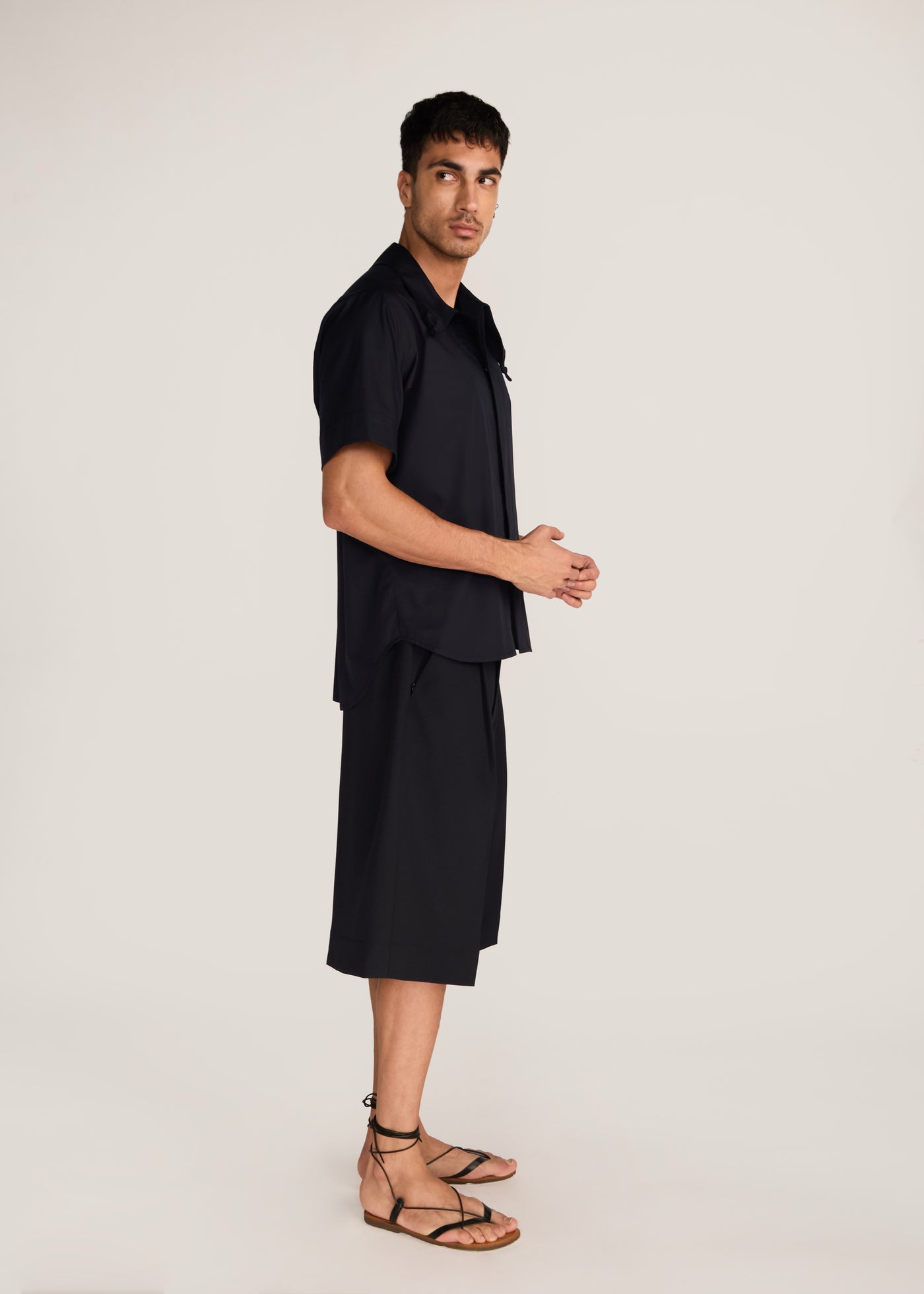 ROSANI The Covra shirt in black - black poplin bandana-collar knot-back half-sleeve shirt, side view