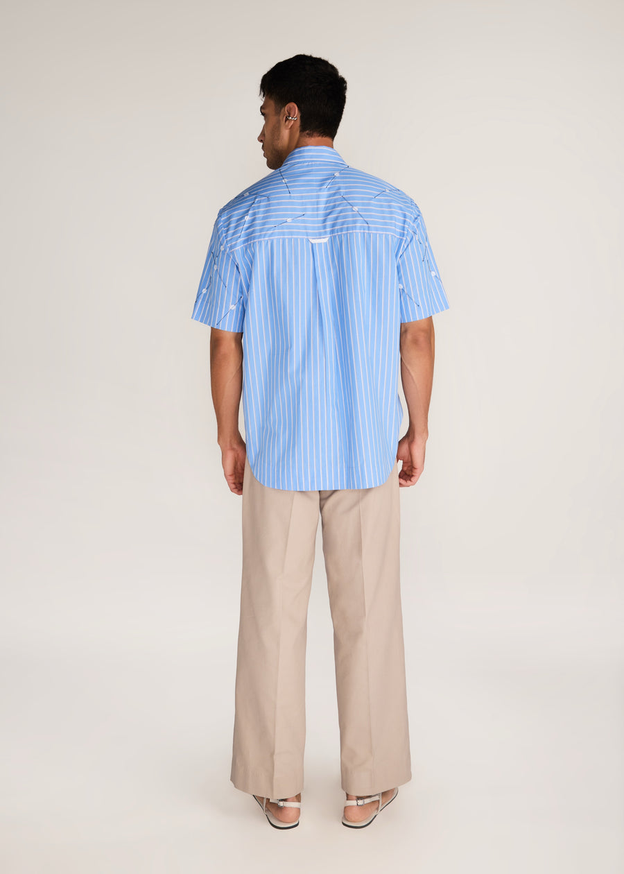 ROSANI The Deai shirt in dreamy blue - dreamy blue striped poplin shirt with all-over pintucks and discs, back view