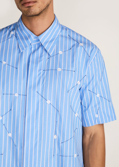 ROSANI The Deai shirt in dreamy blue - dreamy blue striped poplin shirt with all-over pintucks and discs, craft detail