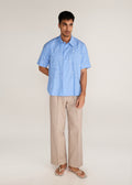 ROSANI The Deai shirt in dreamy blue - dreamy blue striped poplin shirt with all-over pintucks and discs, front view