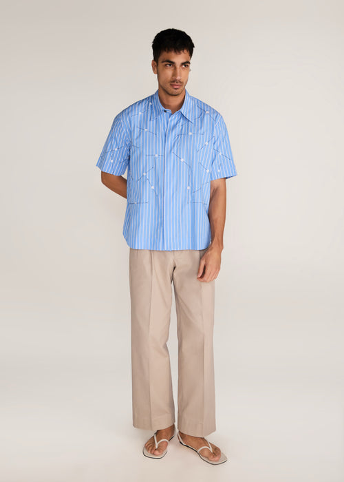 ROSANI The Deai shirt in dreamy blue - dreamy blue striped poplin shirt with all-over pintucks and discs, front view