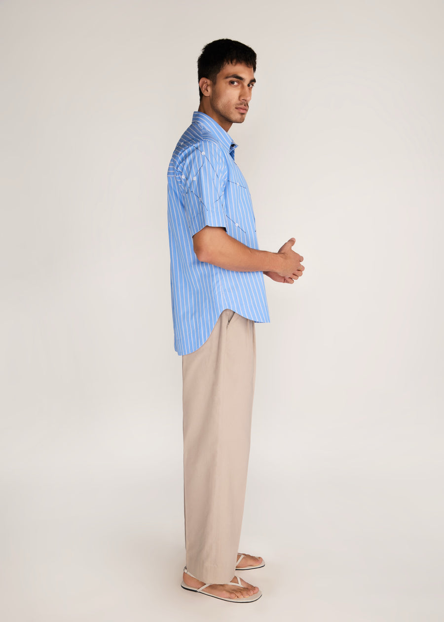 ROSANI The Deai shirt in dreamy blue - dreamy blue striped poplin shirt with all-over pintucks and discs, side view