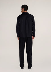 ROSANI The Einklang jacket in black denim - black denim embroidered shacket with tonal threadwork, back view