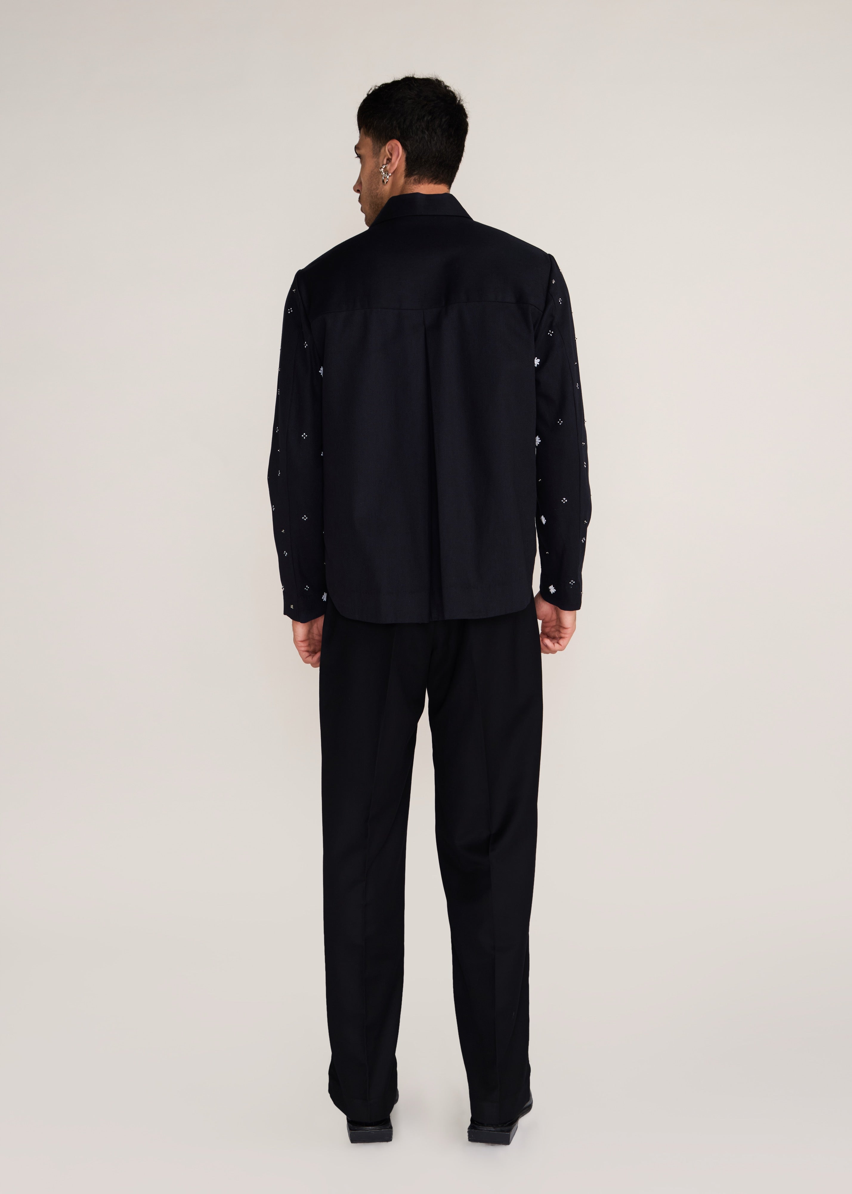 ROSANI The Einklang jacket in black denim - black denim embroidered shacket with tonal threadwork, back view