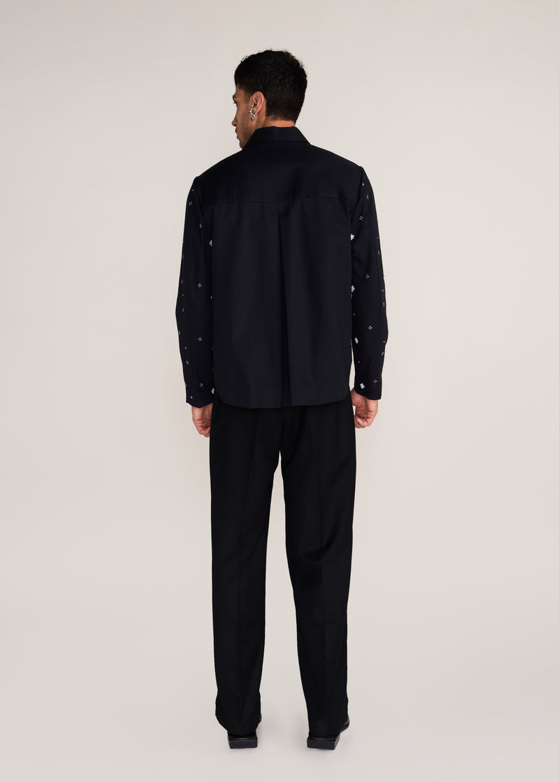 ROSANI The Einklang jacket in black denim - black denim embroidered shacket with tonal threadwork, back view
