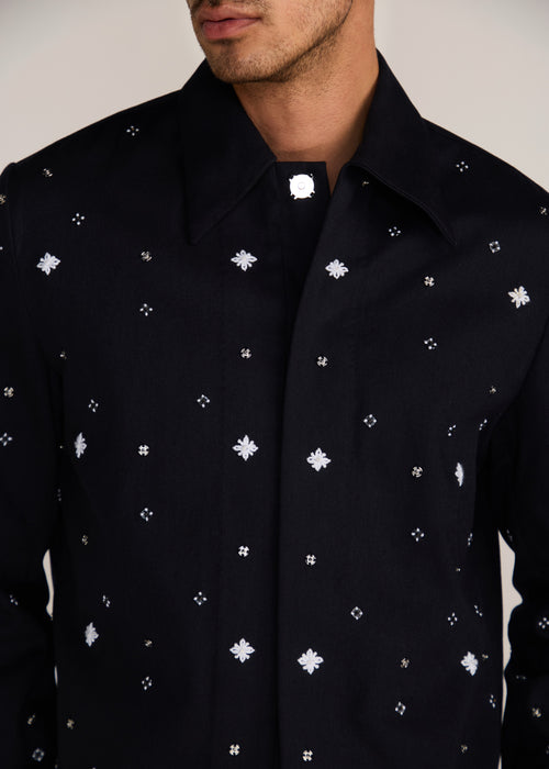 ROSANI The Einklang jacket in black denim - black denim embroidered shacket with tonal threadwork, craft detail