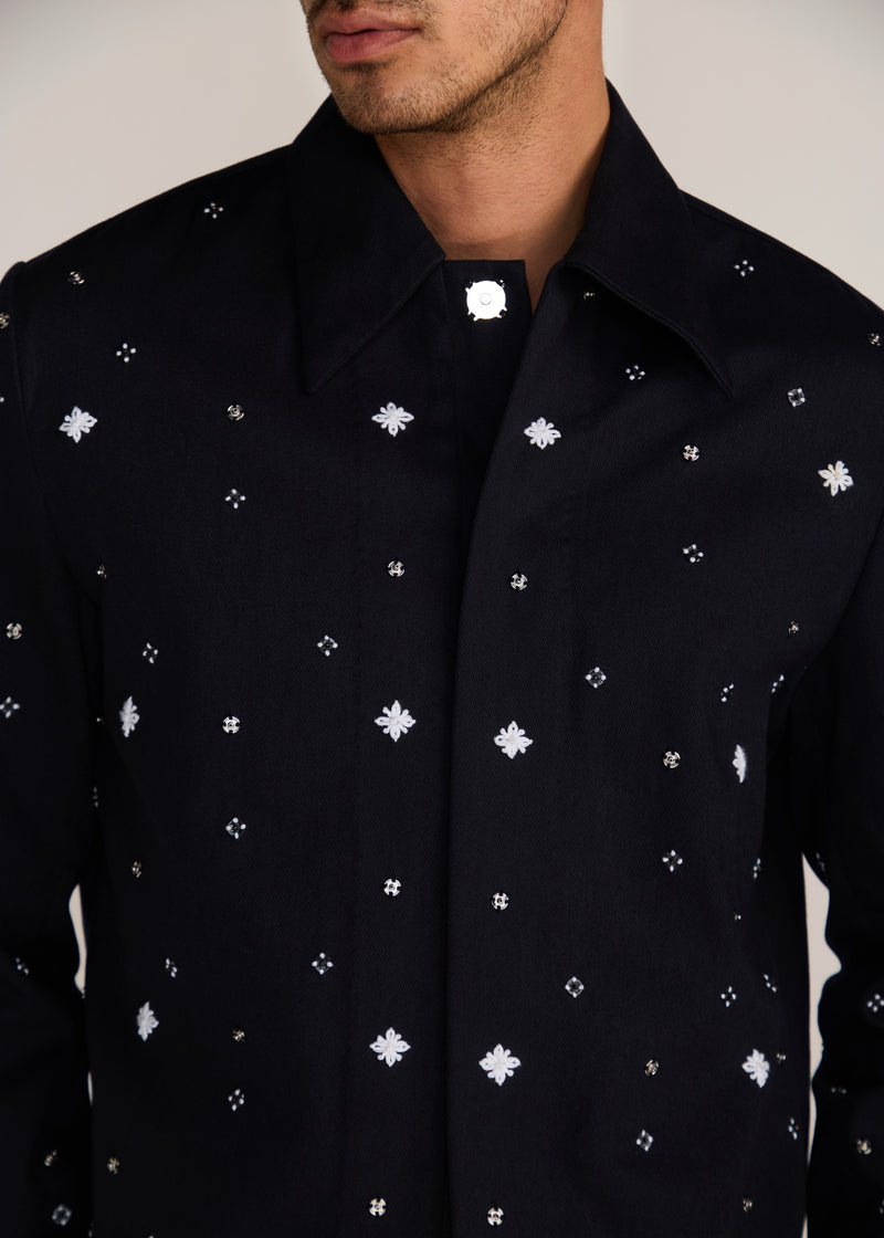 ROSANI The Einklang jacket in black denim - black denim embroidered shacket with tonal threadwork, craft detail