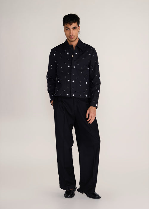ROSANI The Einklang jacket in black denim - black denim embroidered shacket with tonal threadwork, front view