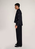 ROSANI The Einklang jacket in black denim - black denim embroidered shacket with tonal threadwork, side view