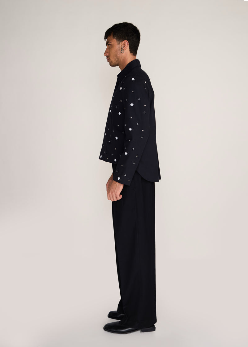 ROSANI The Einklang jacket in black denim - black denim embroidered shacket with tonal threadwork, side view