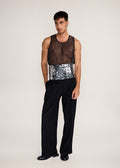 ROSANI The Enlace cummerbund in black & metallic silver - black all-over metallic embroidered cummerbund, front view