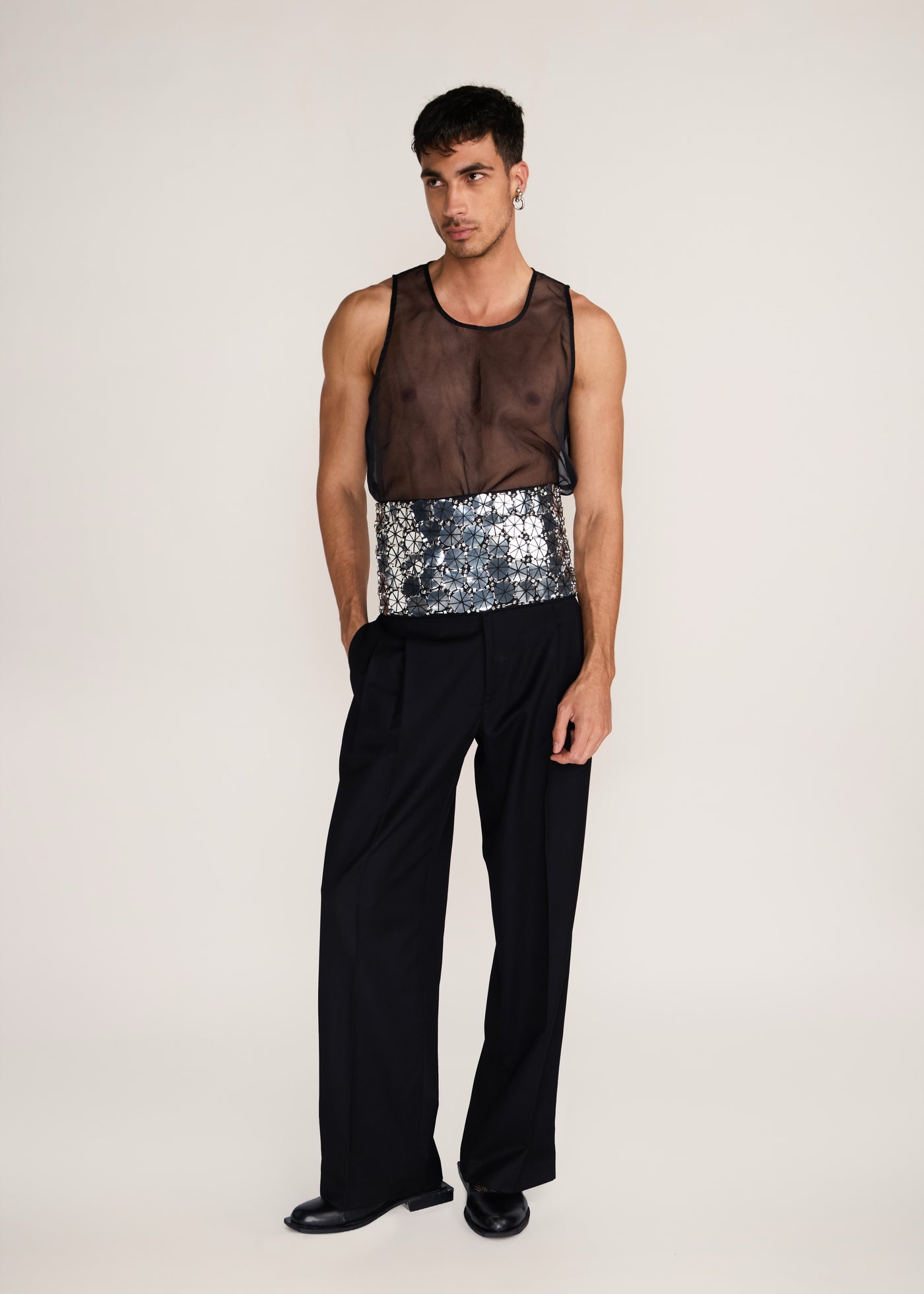 ROSANI The Enlace cummerbund in black & metallic silver - black all-over metallic embroidered cummerbund, front view