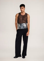 ROSANI The Enlace cummerbund in black & metallic silver - black all-over metallic embroidered cummerbund, front view