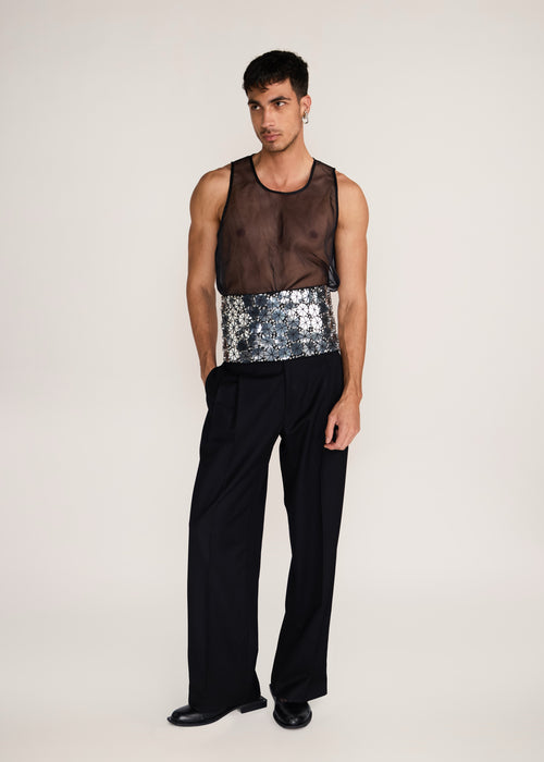 ROSANI The Enlace cummerbund in black & metallic silver - black all-over metallic embroidered cummerbund, front view