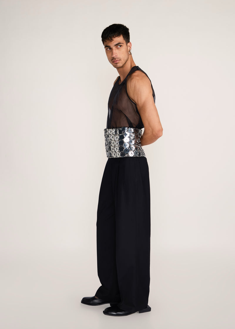 ROSANI The Enlace cummerbund in black & metallic silver - black all-over metallic embroidered cummerbund, side view