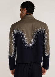 ROSANI The Förening jacket in deep olive & black - deep olive and black hand-embroidered patched jacket, back view