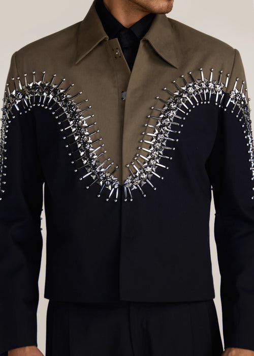 ROSANI The Förening jacket in deep olive & black - deep olive and black hand-embroidered patched jacket, craft detail