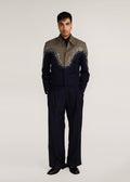 ROSANI The Förening jacket in deep olive & black - deep olive and black hand-embroidered patched jacket, front view