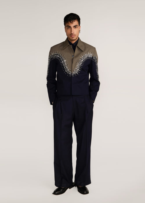 ROSANI The Förening jacket in deep olive & black - deep olive and black hand-embroidered patched jacket, front view