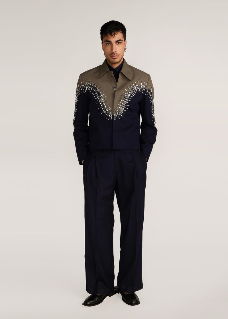 ROSANI The Förening jacket in deep olive & black - deep olive and black hand-embroidered patched jacket, front view