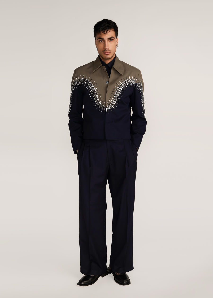 ROSANI The Förening jacket in deep olive & black - deep olive and black hand-embroidered patched jacket, front view