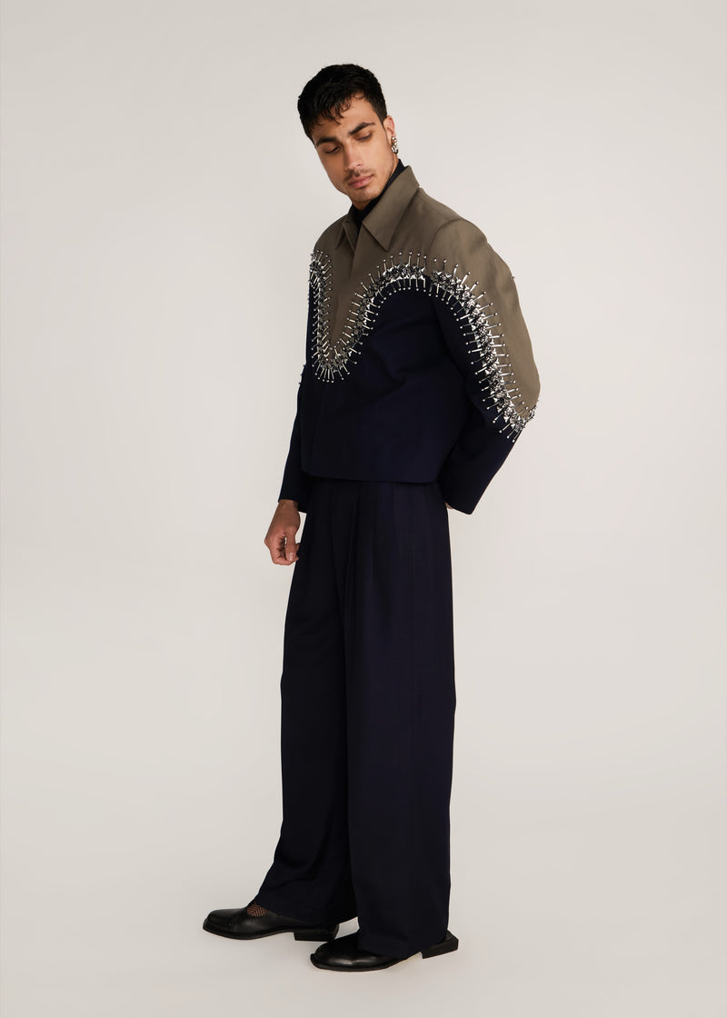 ROSANI The Förening jacket in deep olive & black - deep olive and black hand-embroidered patched jacket, side view