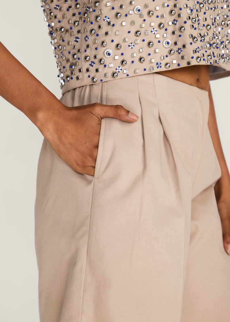 ROSANI The Gattai shorts in sand dune - sand dune cotton pleated midi shorts, craft detail
