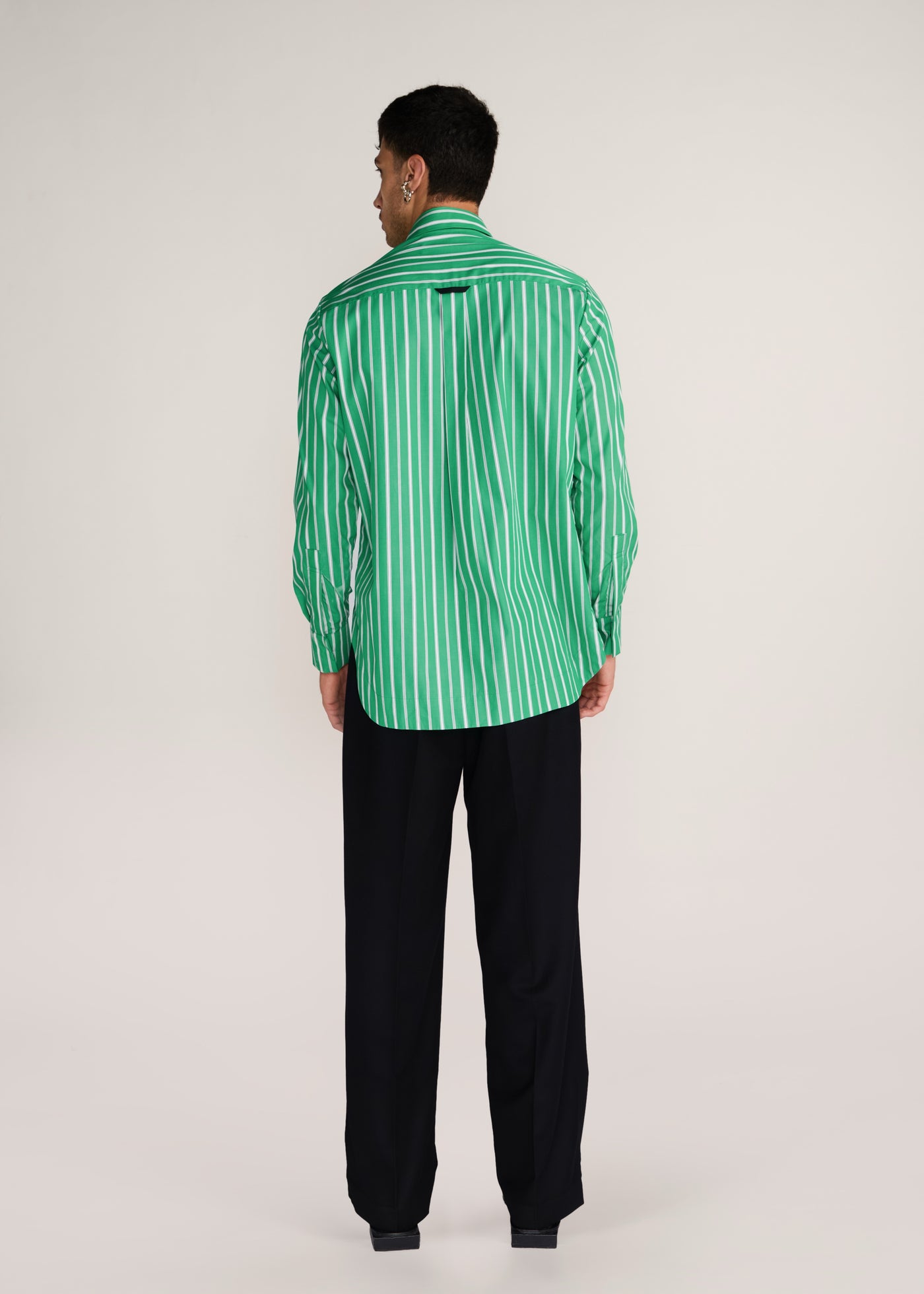 ROSANI The Harmonia shirt in shamrock - shamrock striped shirt with hand-embroidered discs, back view