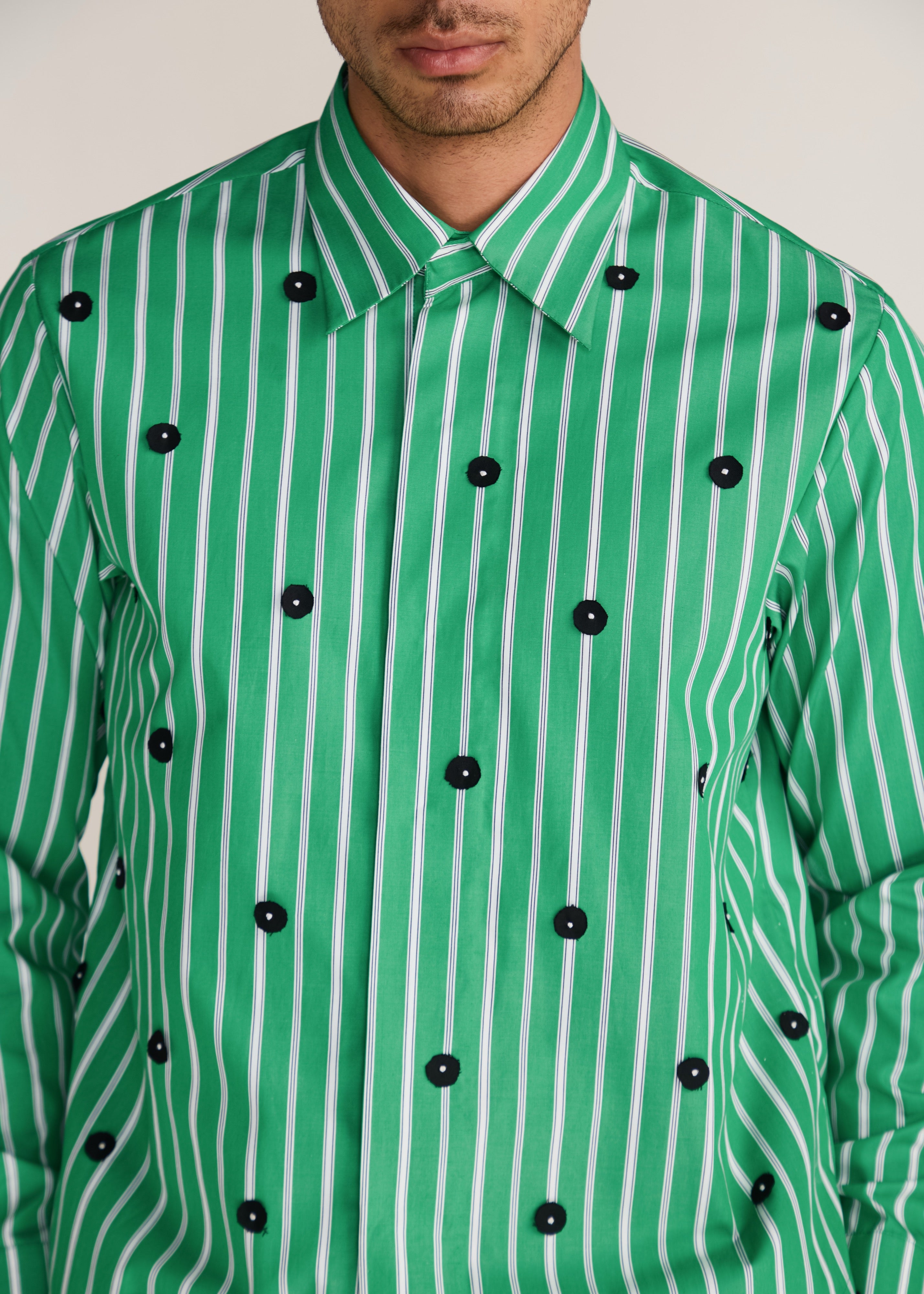 ROSANI The Harmonia shirt in shamrock - shamrock striped shirt with hand-embroidered discs, craft detail