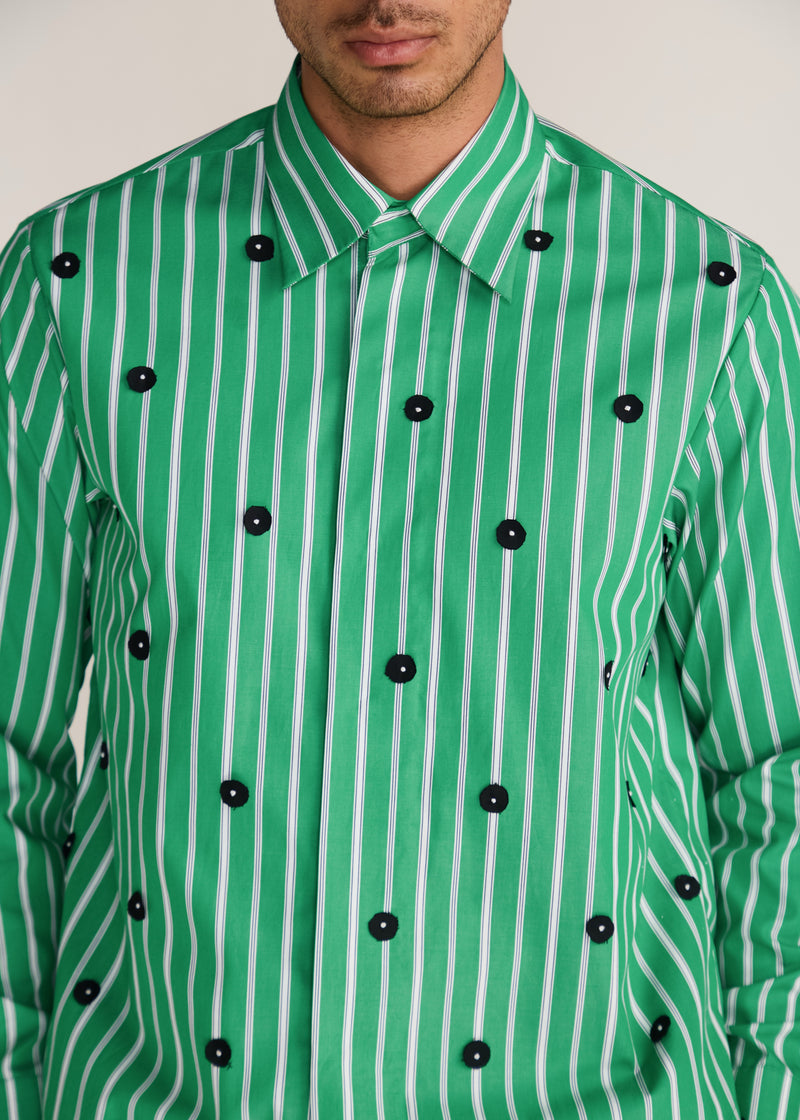 ROSANI The Harmonia shirt in shamrock - shamrock striped shirt with hand-embroidered discs, craft detail