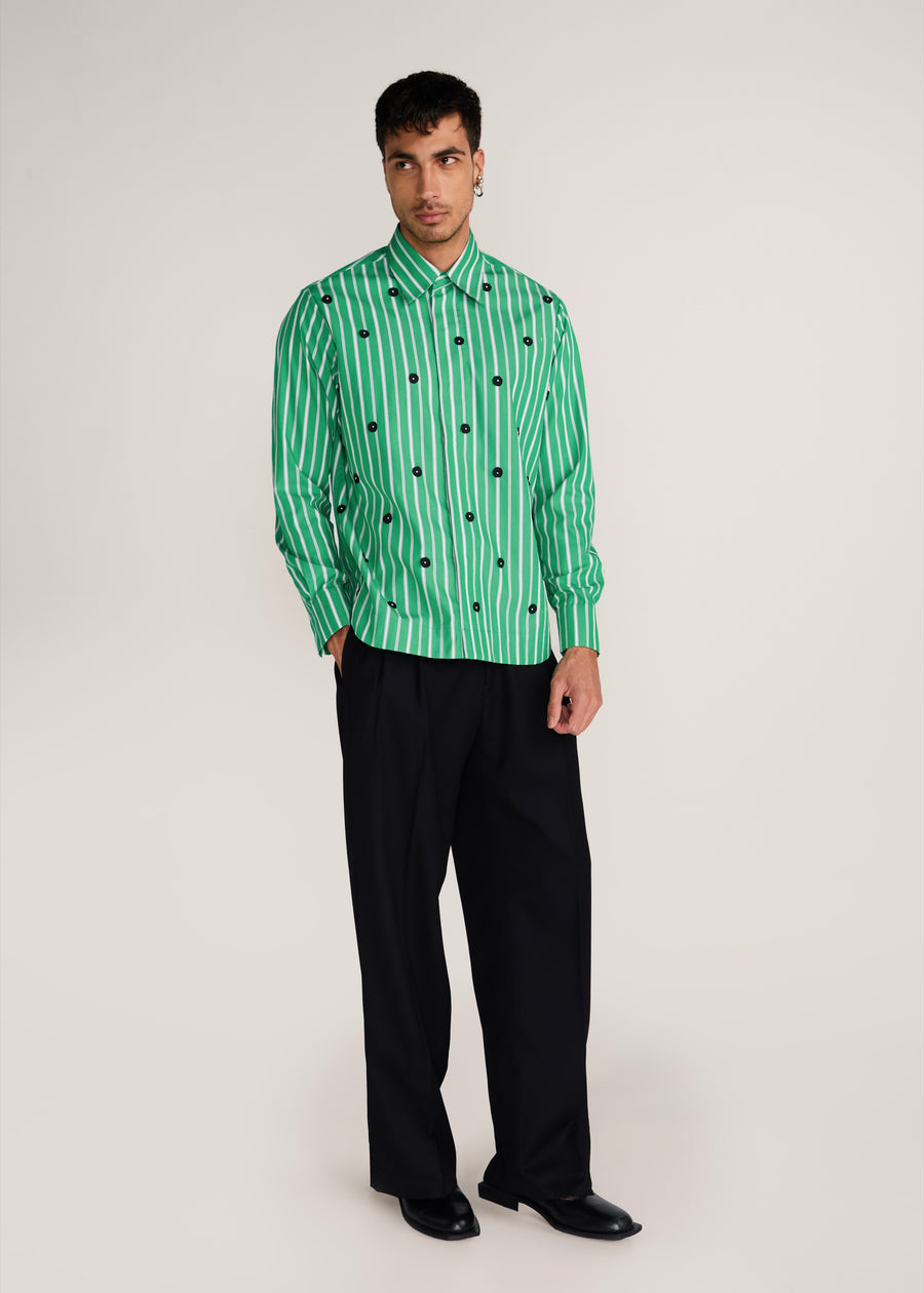 ROSANI The Harmonia shirt in shamrock - shamrock striped shirt with hand-embroidered discs, front view