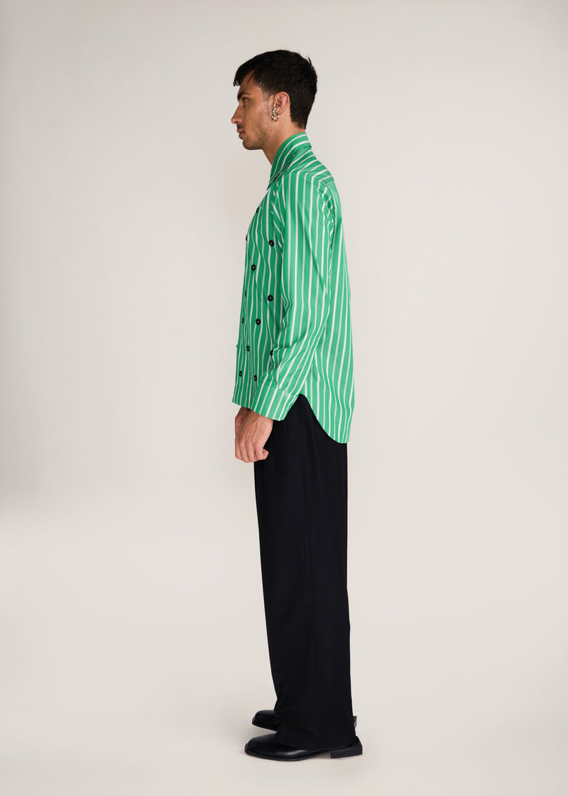 ROSANI The Harmonia shirt in shamrock - shamrock striped shirt with hand-embroidered discs, side view