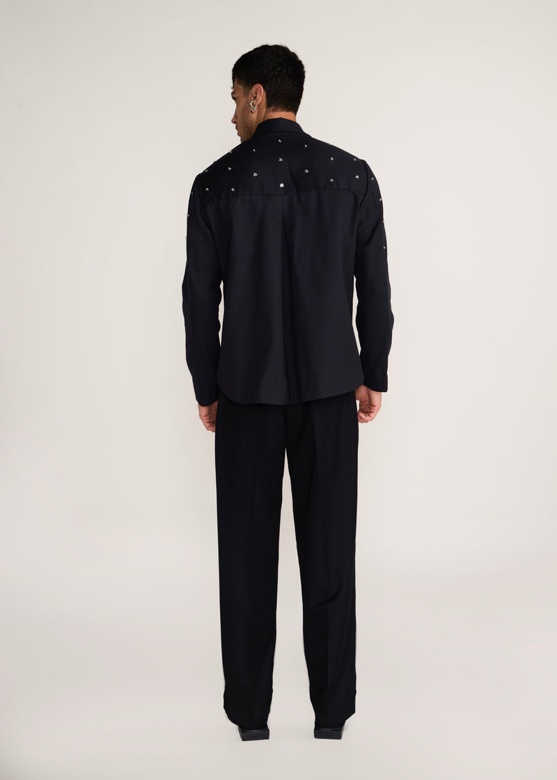 ROSANI The Henosis jacket in black denim - black denim patchwork shacket with metallic snap buttons, back view
