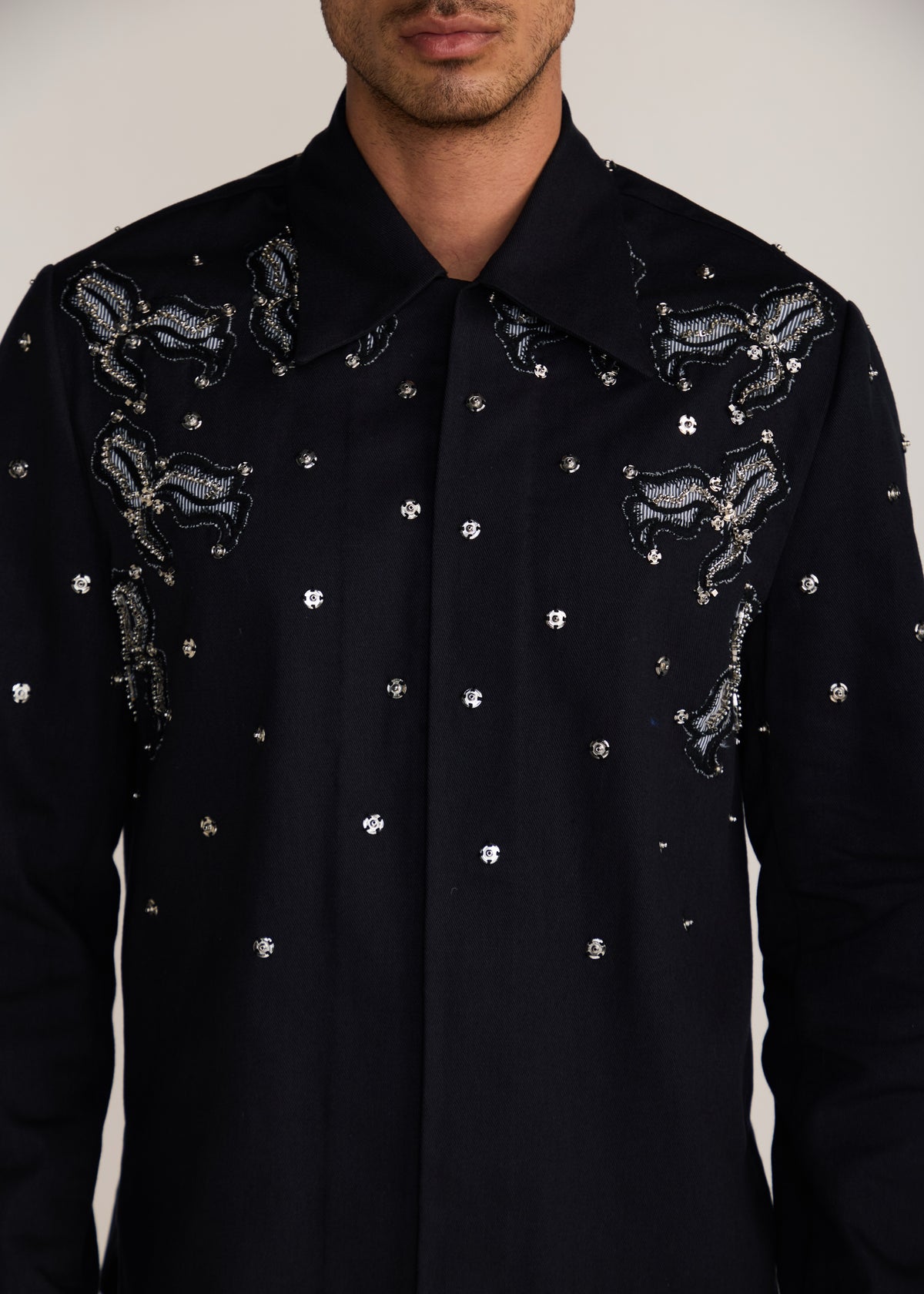 ROSANI The Henosis jacket in black denim - black denim patchwork shacket with metallic snap buttons, craft detail
