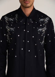 ROSANI The Henosis jacket in black denim - black denim patchwork shacket with metallic snap buttons, craft detail