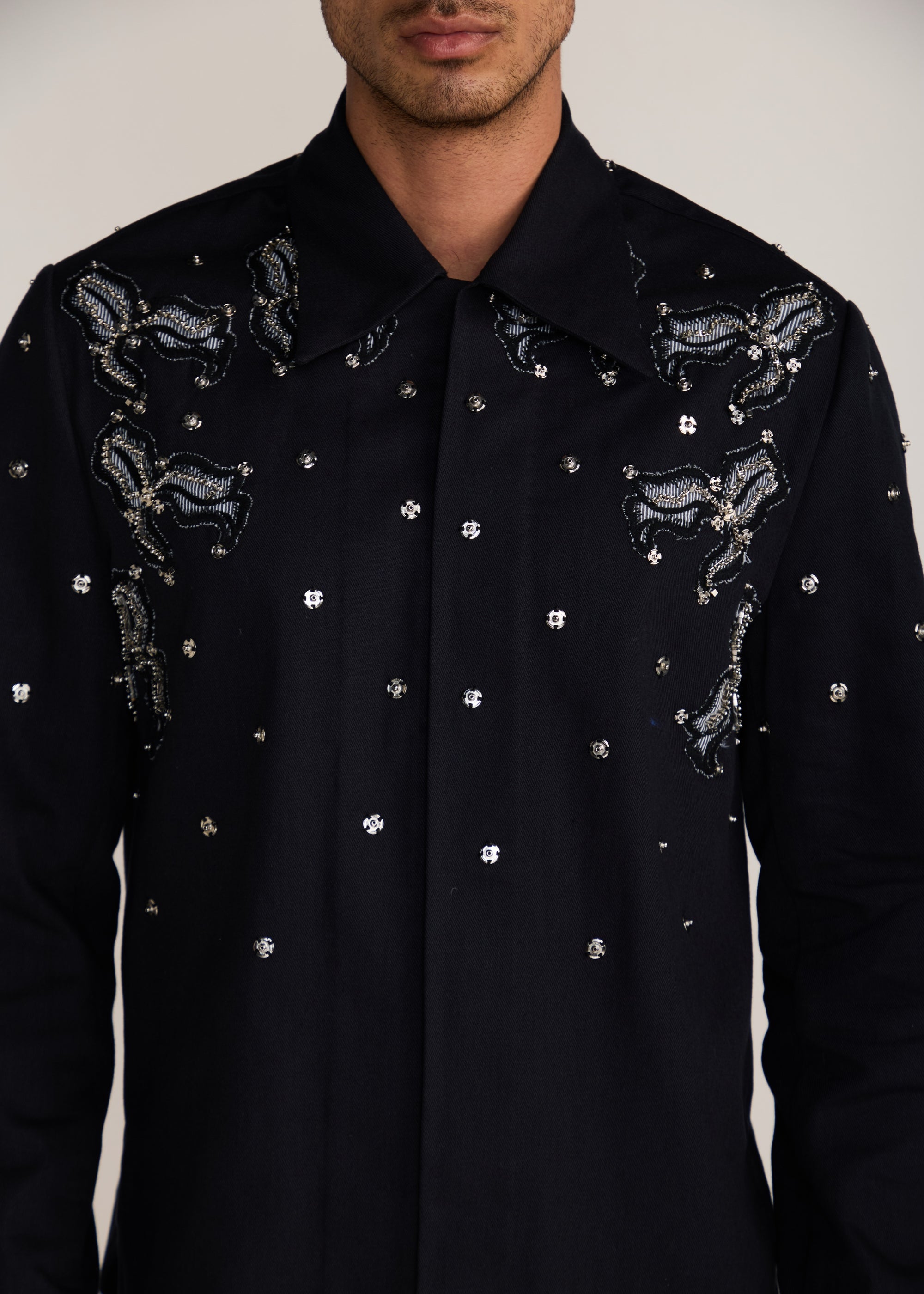 ROSANI The Henosis jacket in black denim - black denim patchwork shacket with metallic snap buttons, craft detail