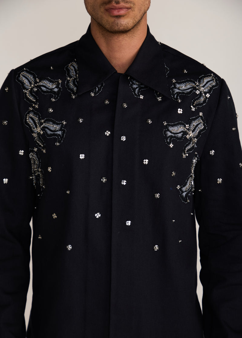 ROSANI The Henosis jacket in black denim - black denim patchwork shacket with metallic snap buttons, craft detail
