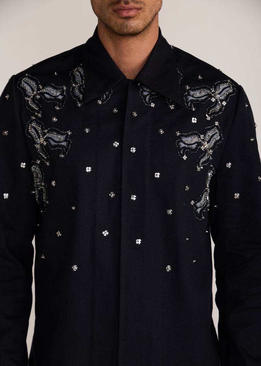 ROSANI The Henosis jacket in black denim - black denim patchwork shacket with metallic snap buttons, craft detail