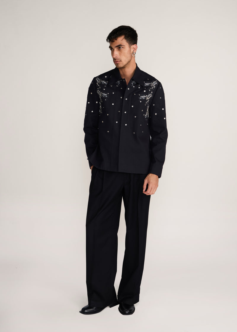 ROSANI The Henosis jacket in black denim - black denim patchwork shacket with metallic snap buttons, front view
