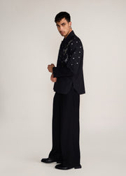ROSANI The Henosis jacket in black denim - black denim patchwork shacket with metallic snap buttons, side view