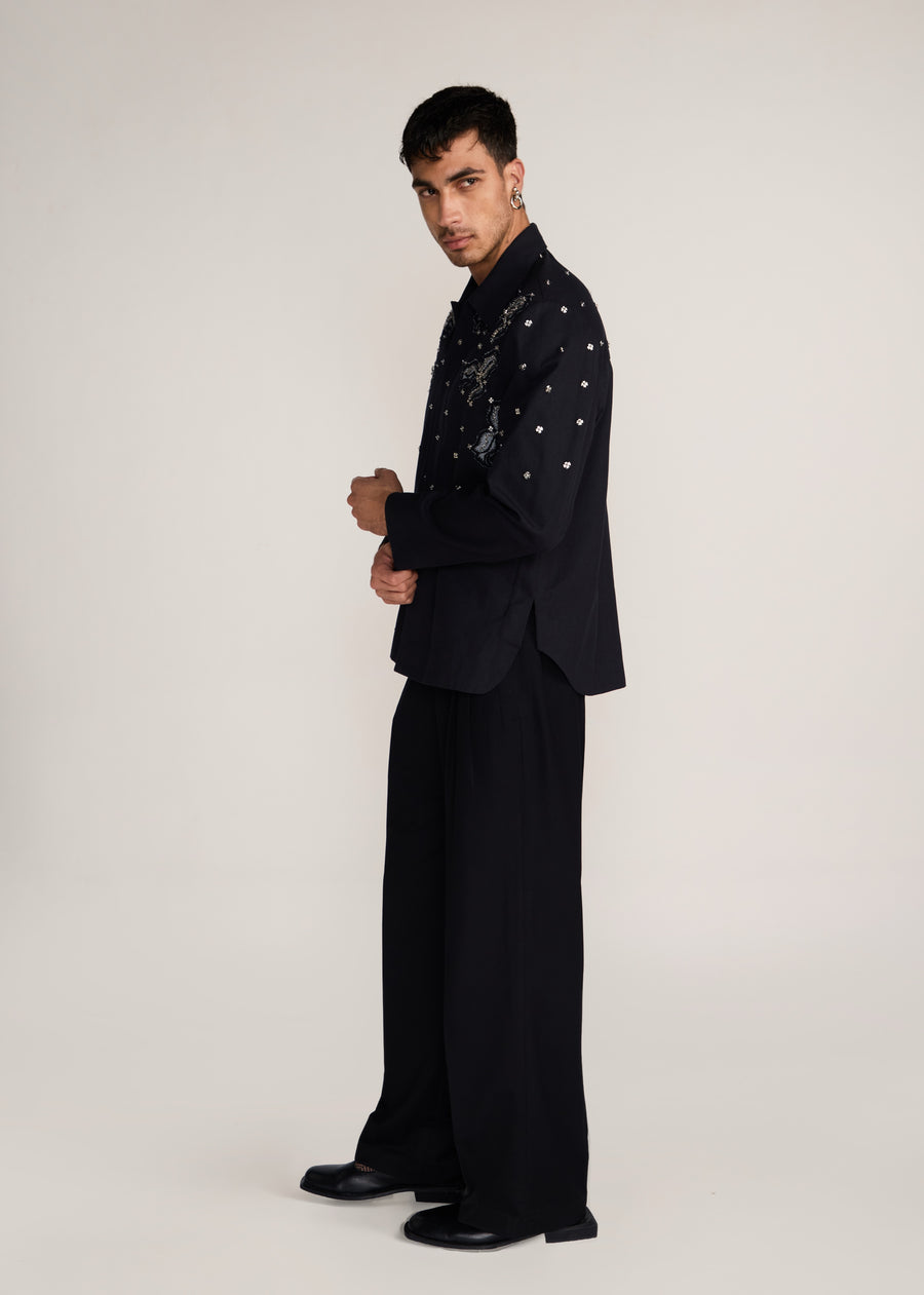 ROSANI The Henosis jacket in black denim - black denim patchwork shacket with metallic snap buttons, side view