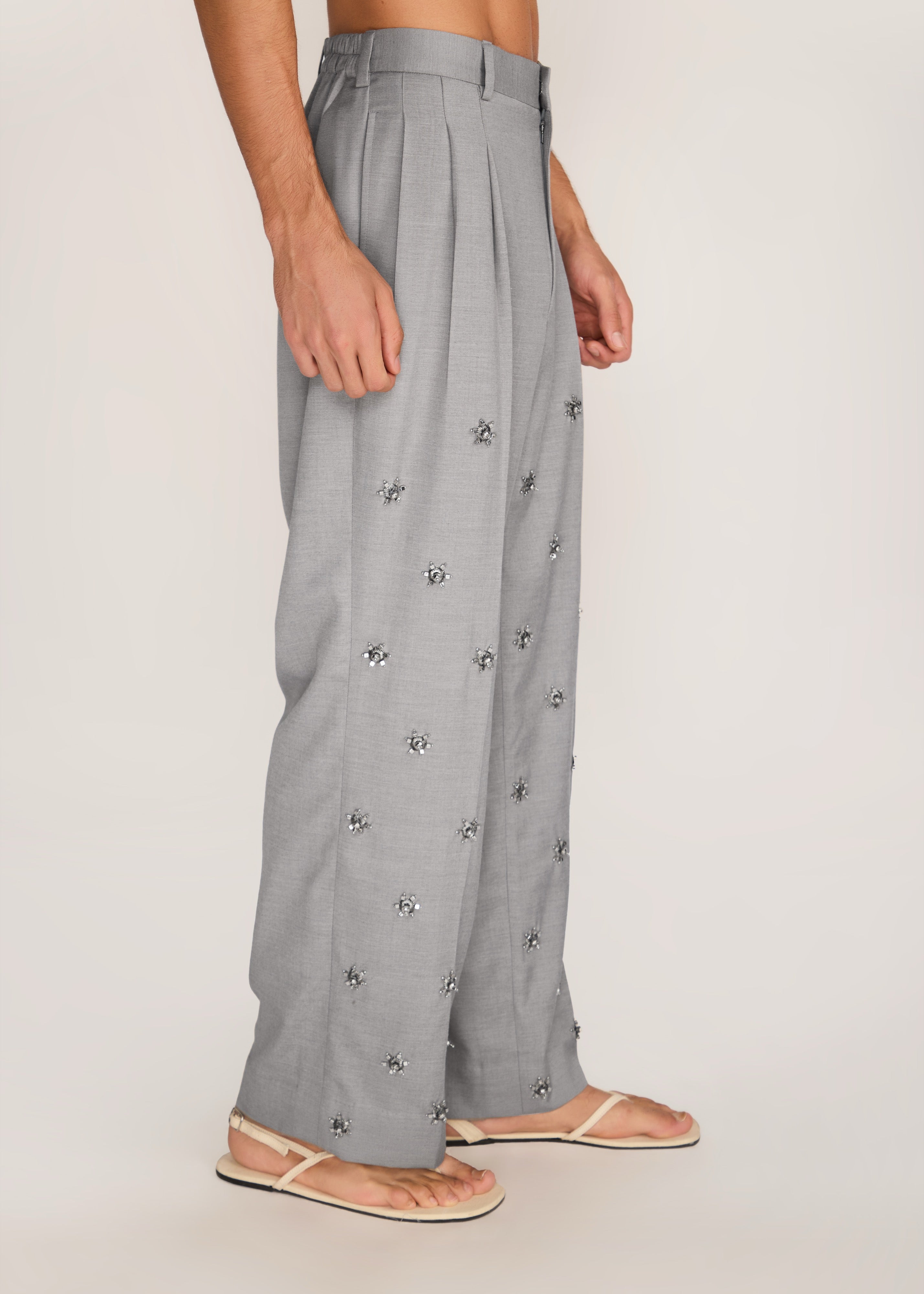 ROSANI The Ilchi trouser in steel - steel fluid suiting trouser with metal botanical accents, craft detail